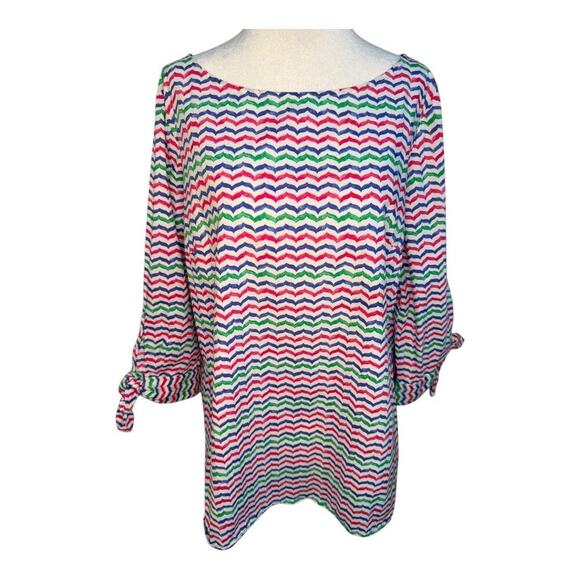 Talbots Tunic Medium Colorful Whale Tail Wavy Print Tie Sleeve Popover Blouse - Picture 2 of 8